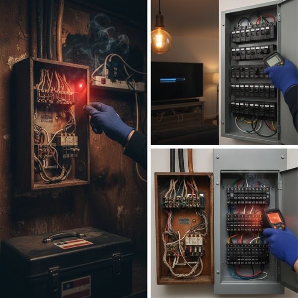 Composite image showing an old, sparking electrical fuse box, flickering lights in a living room, and a modern, inspected electrical panel.