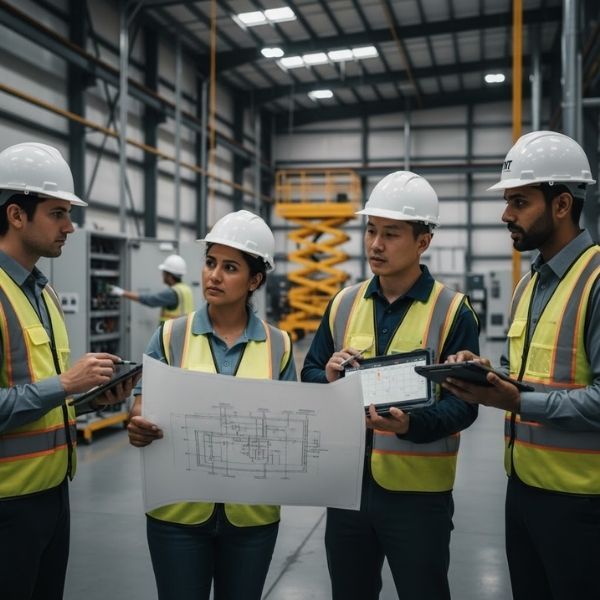 A diverse team of electricians and project managers collaborating in a facility, reviewing plans and discussing various electrical service needs