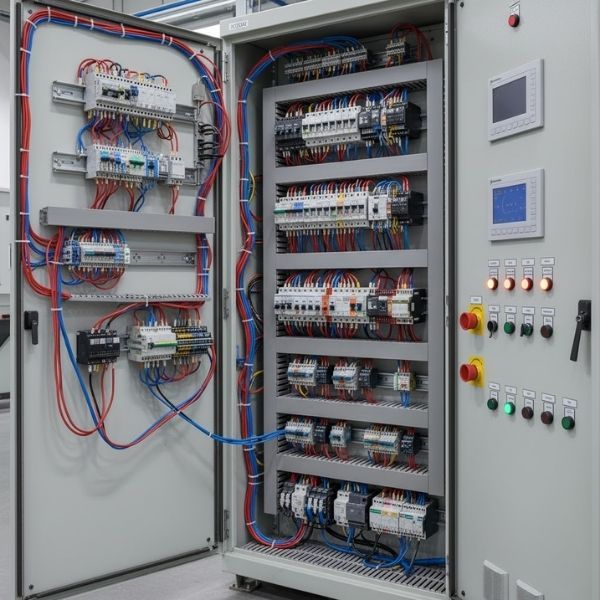 an industrial control panel with many wires and indicators