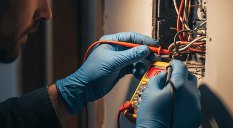 A close-up of an electrician's hands (wearing gloves) troubleshooting a complex wiring issue inside an open wall outlet box, with a multimeter visible. The focus is on precision and problem-solving. A close-up of an electrician's hands (wearing gloves) troubleshooting a complex wiring issue inside an open wall outlet box, with a multimeter visible. The focus is on precision and problem-solving.