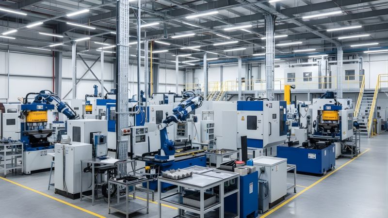 a modern industrial facility floor with complex machinery and overhead lighting