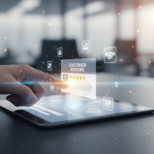 a hand pointing to a positive review on a tablet screen, surrounded by other business-related icons