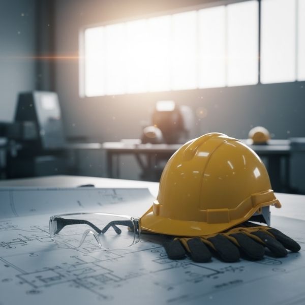 A safety helmet, safety glasses, and work gloves resting on a blueprint