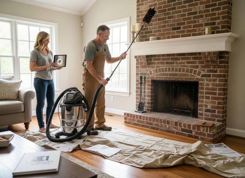 Professional fireplace cleaning service with a man and woman
