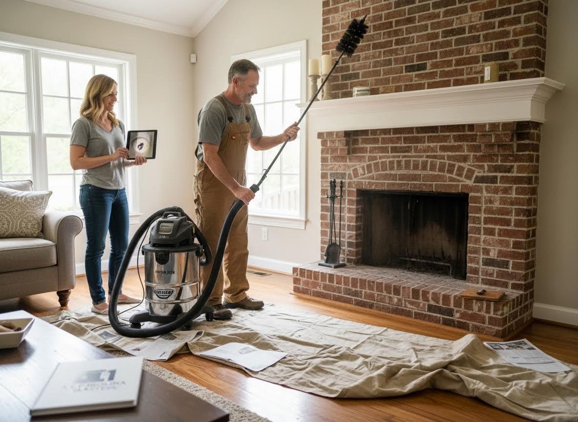 Professional fireplace cleaning service with a man and woman