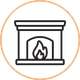 A minimalist line-art icon representing a fireplace with a mantel and a burning fire inside the hearth.