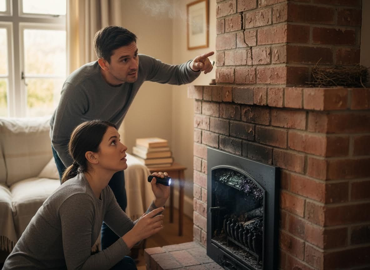 Couple inspecting a damaged brick fireplace with a flashlight