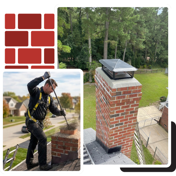 A collage illustrating chimney services: on the left, a professional sweep uses a rod and brush to clean a chimney; on the right, a high-angle shot shows a red brick chimney fitted with a new metal cap.