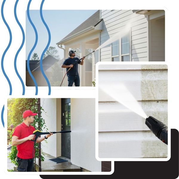 people pressure washing the siding and adobe houses