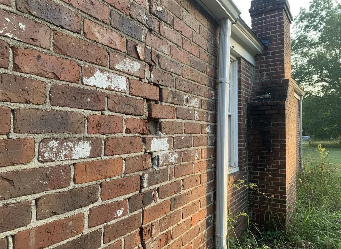 Severely cracked brick wall with efflorescence