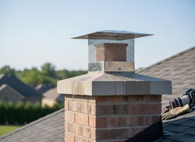 A close-up of a brick chimney on a shingled roof, with a metal chimney cap and water dripping down the side. A camera and work gloves are on the roof. Leaking Brick Chimney with Metal Cap