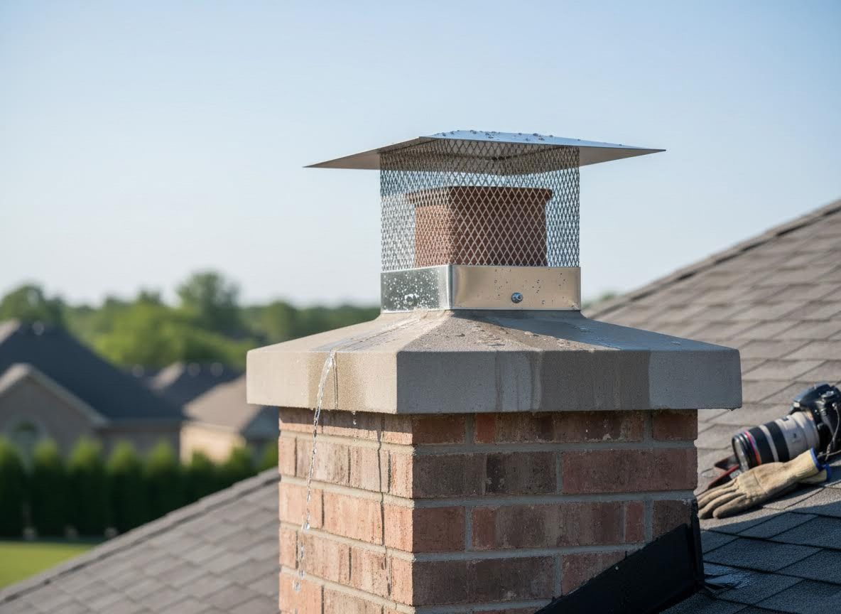 Leaking Brick Chimney with Metal Cap