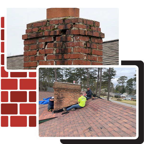 A collage focusing on repairs: the top image is a close-up of a damaged brick chimney with significant cracks; the bottom image shows two workers on a roof repairing the flashing and brickwork of a chimney.