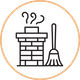 A simple line-art icon depicting a brick chimney with smoke rising from the top and a chimney sweep brush standing beside it.