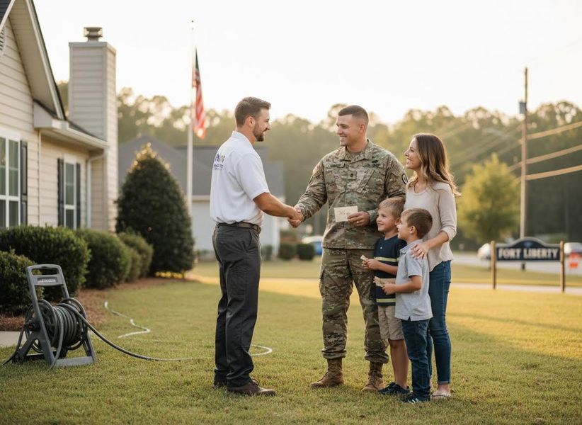 Military family welcomed by community member on lawn