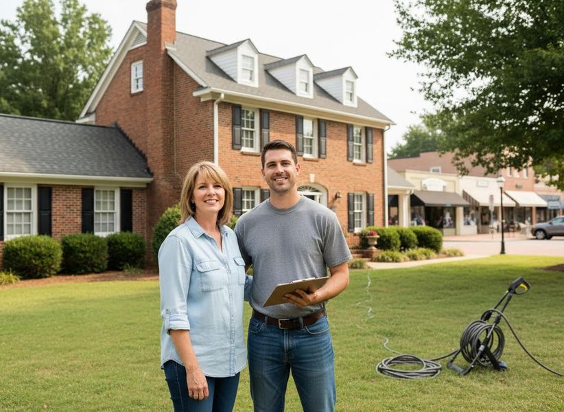 Couple with Pressure Washer in Front of Home