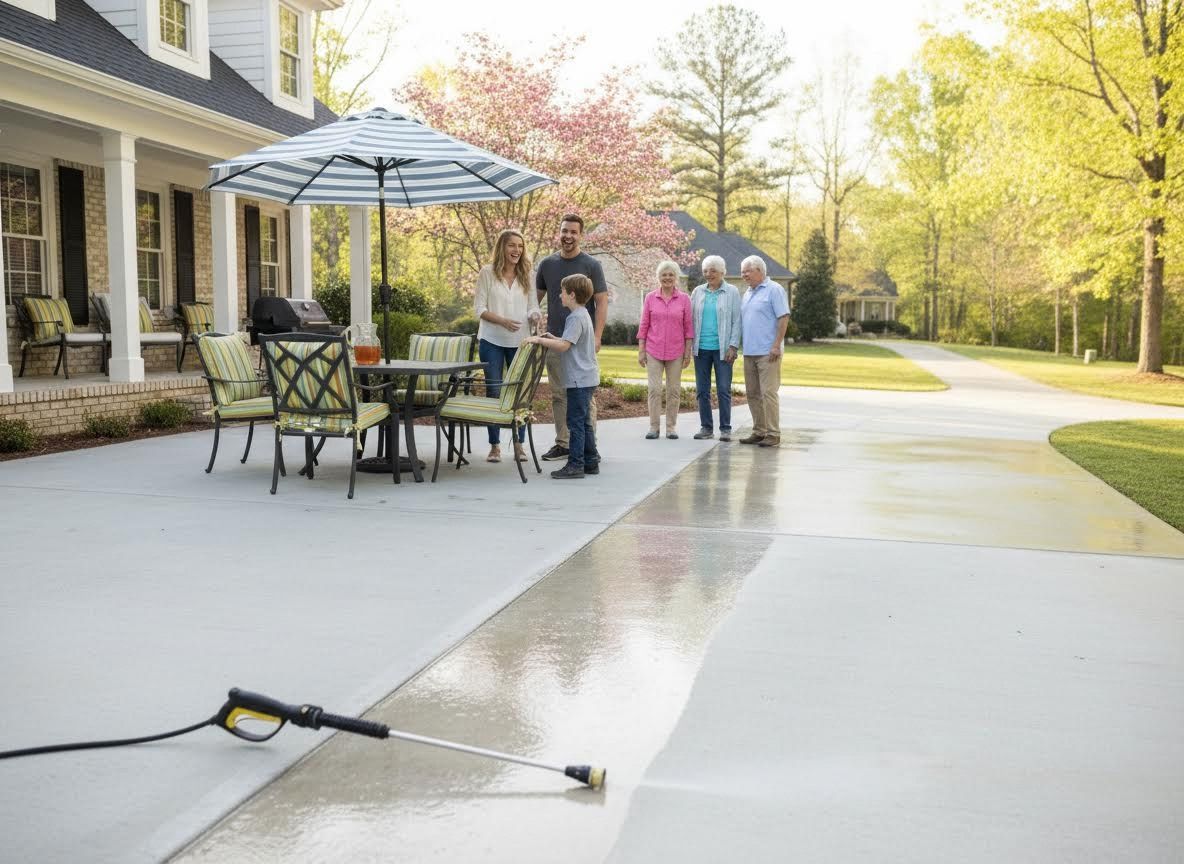 Family watching driveway pressure washing