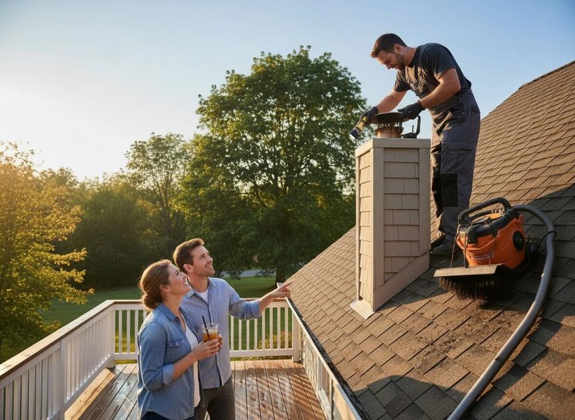 Chimney Cleaning Service on Residential Roof with Homeowners Watching