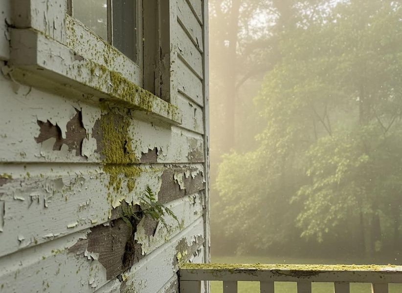 Weathered House Siding with Moss and Fern in Mist