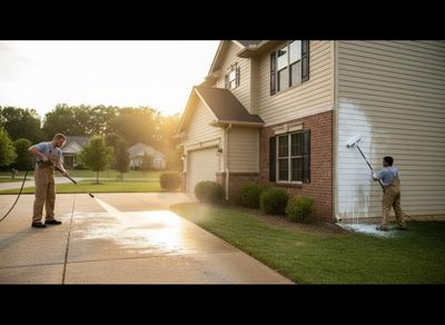 Two professionals clean a suburban home at sunset; one pressure washes the driveway, the other scrubs the house siding. Residential Pressure Washing and Exterior House Cleaning at Sunset