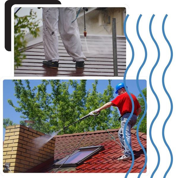people working on clay and metal roofs to clean with pressure washing