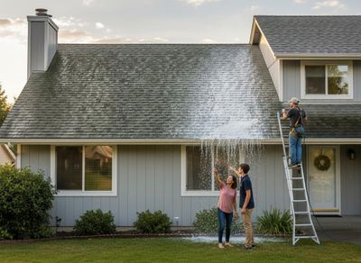 A man on a ladder pressure washes a gray shingle roof while a woman and a boy stand on the lawn, pointing at the water. Man Pressure Washing House Roof with Family Watching