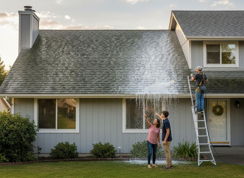 Man Pressure Washing House Roof with Family Watching