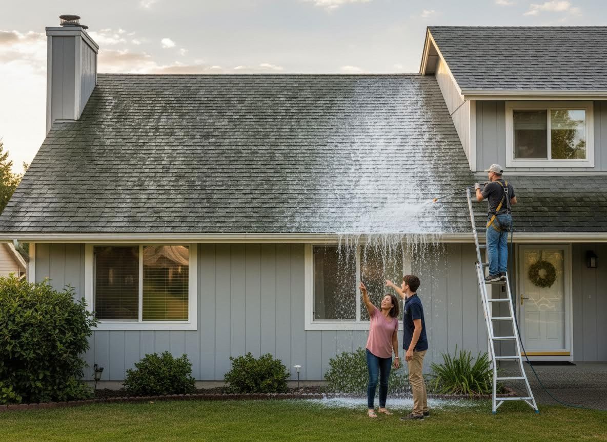 Man Pressure Washing House Roof with Family Watching