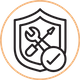 A line-art icon of a shield containing a crossed wrench and screwdriver, with a circular checkmark emblem at the bottom right.