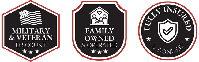 A set of three trust badge graphics: a hexagon for "Military & Veteran Discount," a shield for "Family Owned & Operated," and a circle for "Fully Insured & Bonded".