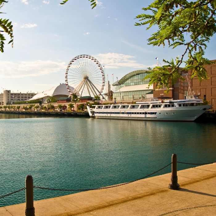 View of Navy Pier ferris wheel in Chicago.