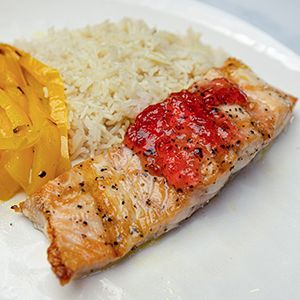 salmon with jam vino, peppers and rice