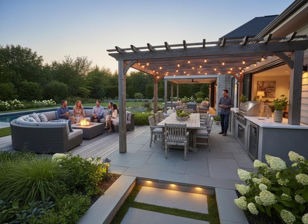 Luxury Outdoor Living Space with Pergola and Fire Pit
