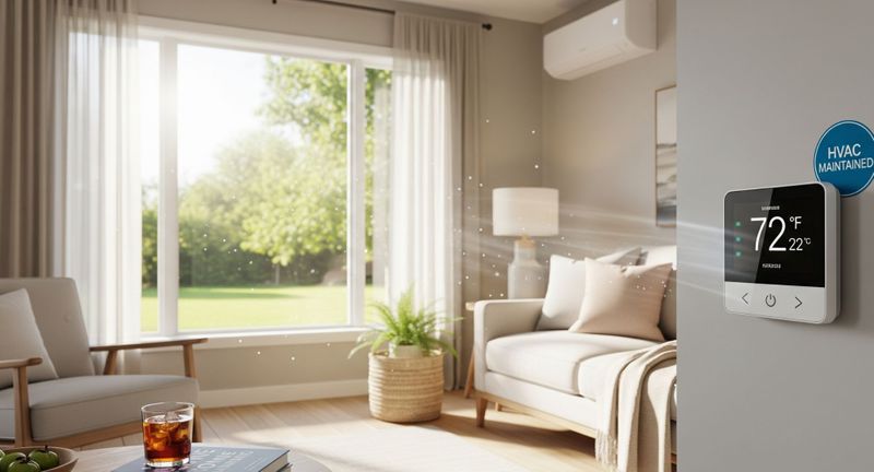 A bright and comfortable modern living room, representing a home kept pleasant by regular HVAC maintenance.