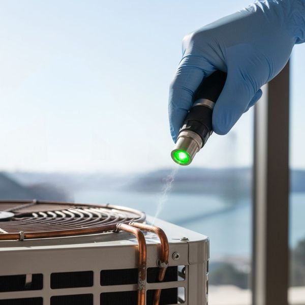 A technician's gloved hand using a leak detection tool on an AC unit's copper coil