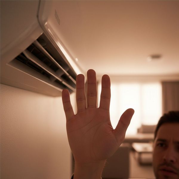 A hand held in front of an AC vent, feeling for weak or warm airflow.