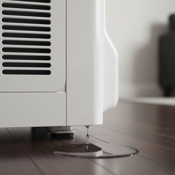 A puddle of water on the floor, leaking from an indoor AC unit.