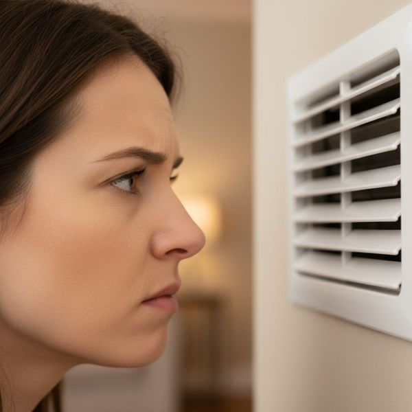 A person listens with concern to a strange noise from an AC vent.
