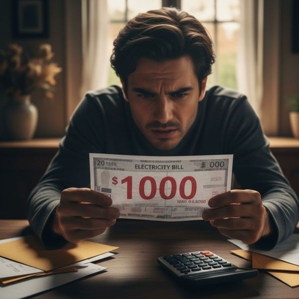 frustrated person holds a high electricity bill, indicating high AC running costs.