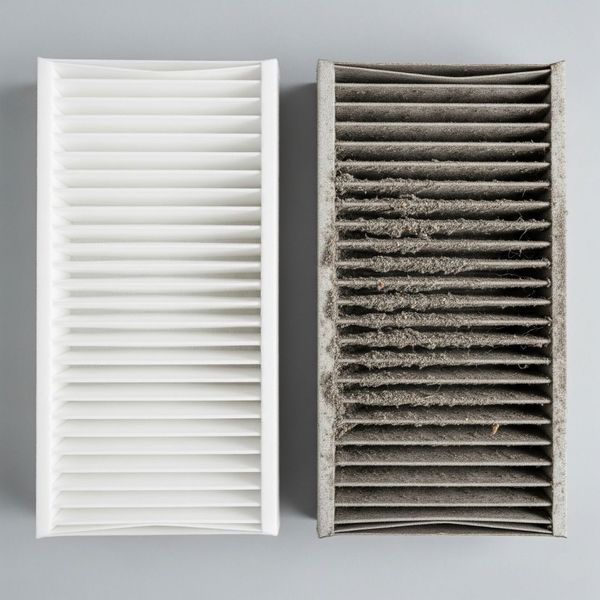 A side-by-side comparison of a clean, new HVAC air filter and a dirty, used one.