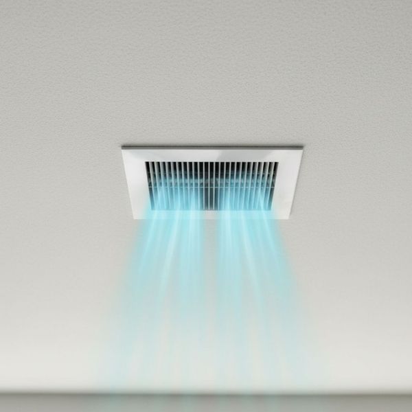A clean ceiling air vent with blue air flowing out