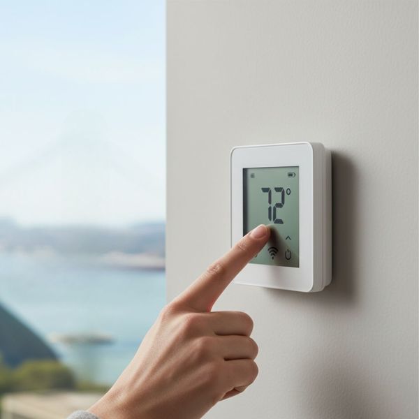 A finger adjusting a modern smart thermostat