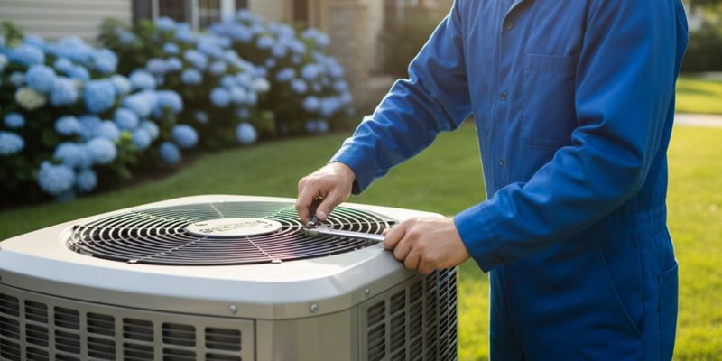 An HVAC technician performing AC maintenance on an outdoor unit.