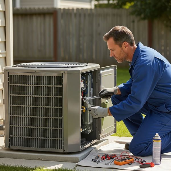 An HVAC technician carefully performs maintenance on an air conditioner unit.