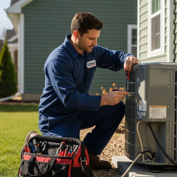 A professional HVAC technician performing a tune-up on an air conditioning system.