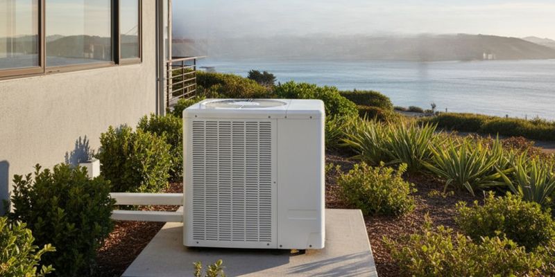 A modern residential HVAC unit on the side of a clean home