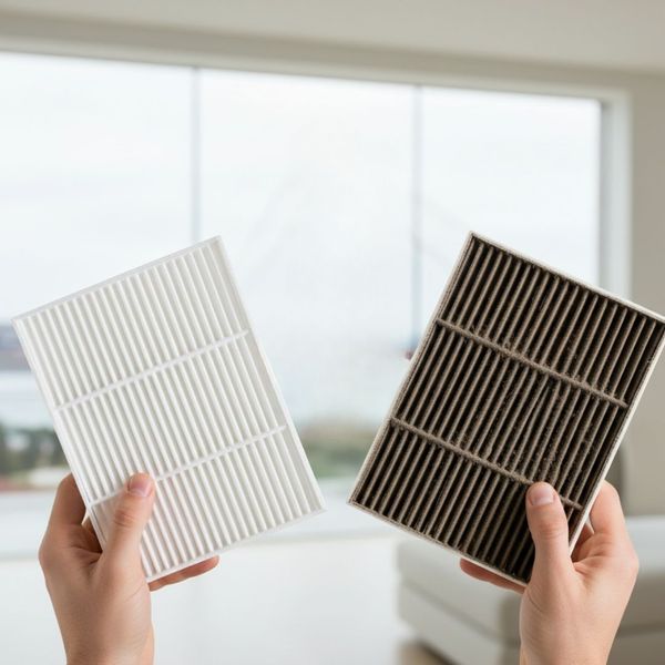 Two hands holding a clean air filter and a dirty air filter