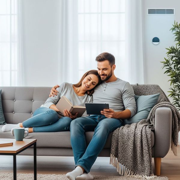 A content couple relaxing in their comfortable living room, a result of a well-maintained HVAC system.