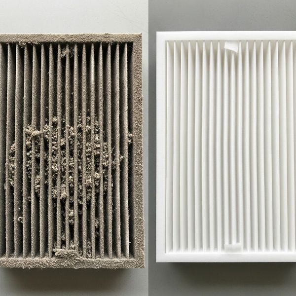 A comparison of a dirty, clogged HVAC air filter next to a new, clean one.