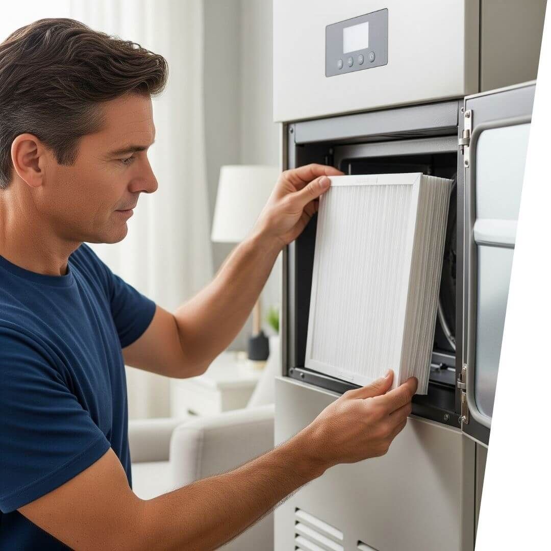 HVAC tech changing furnace filter HVAC tech changing furnace filter